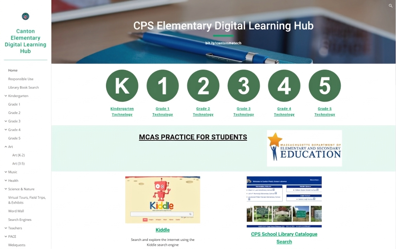 Screenshot of homepage for 'Elementary Digital Learning Hub, showing sidepanel with page navigation, green circle buttons with hyperlinked labels for each corresponding grade level K through 5, and hyperlinked graphics and headings for additional resources.